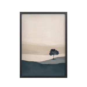 Lone Tree Over Quiet Hills — Minimal Landscape Tree Wall Art — Framed Poster