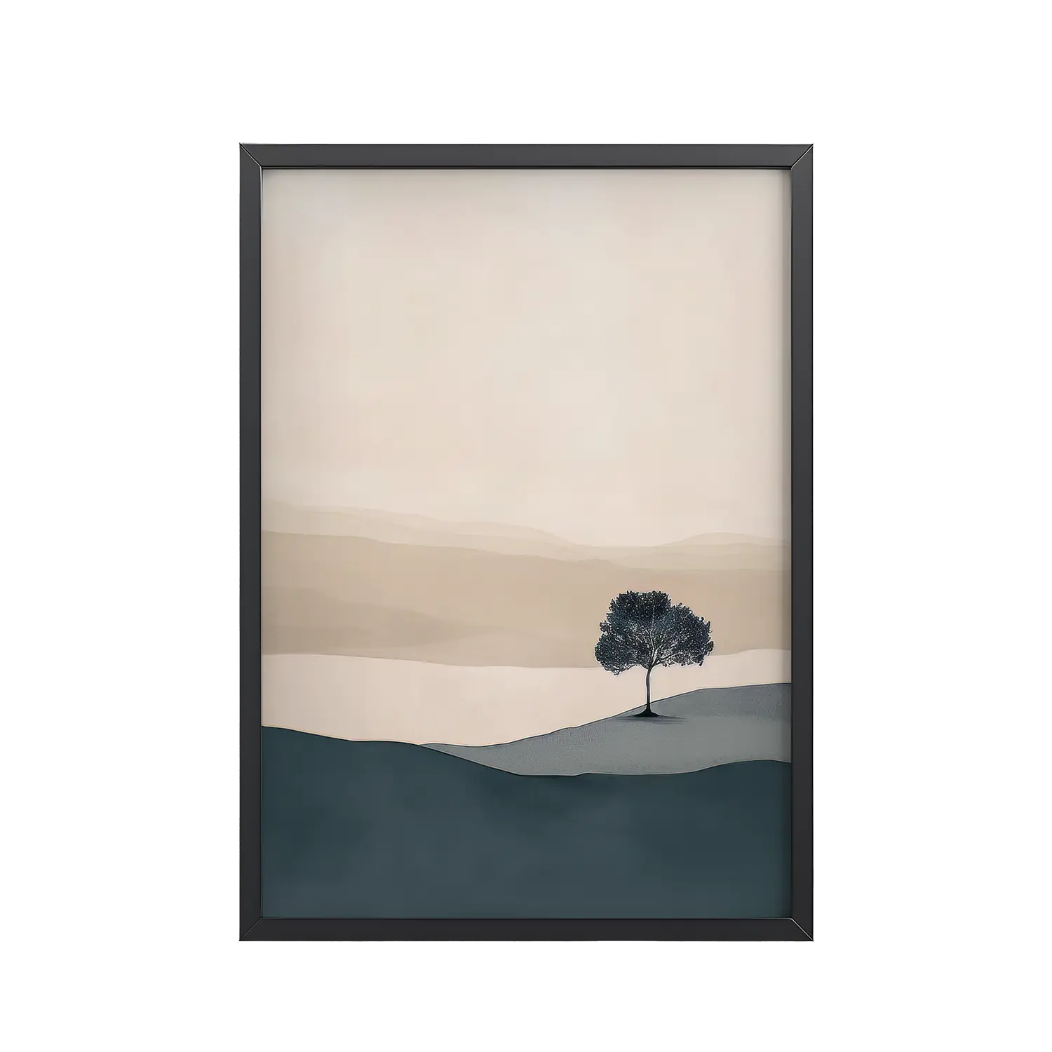 Lone Tree Over Quiet Hills — Minimal Landscape Tree Wall Art — Framed Poster