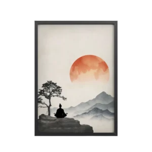 Minimal Red Sun At Dawn — Japanese Mountain Wall Art — Framed Poster
