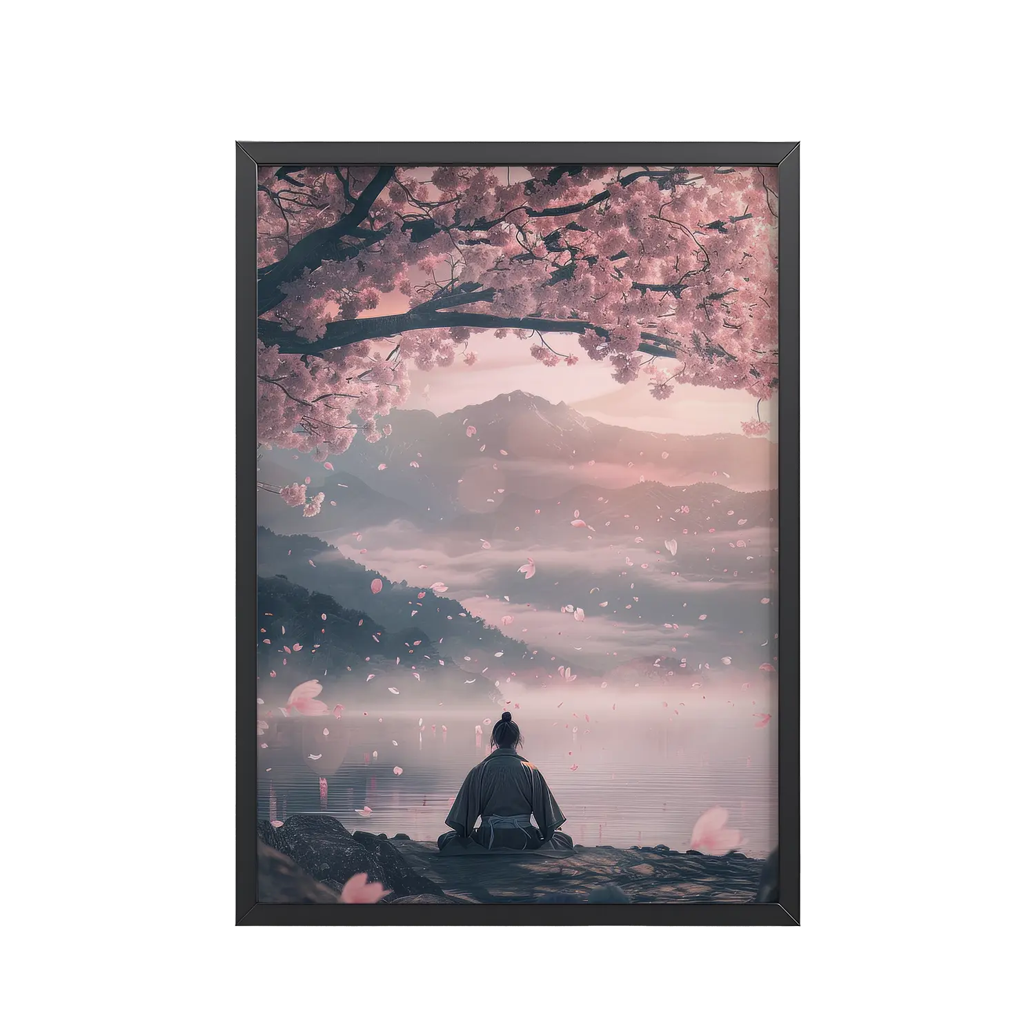 Sakura Reverie – Meditation by The Lake Cherry Blossoms in the Mountain Mist Wall Decor – Framed Poster