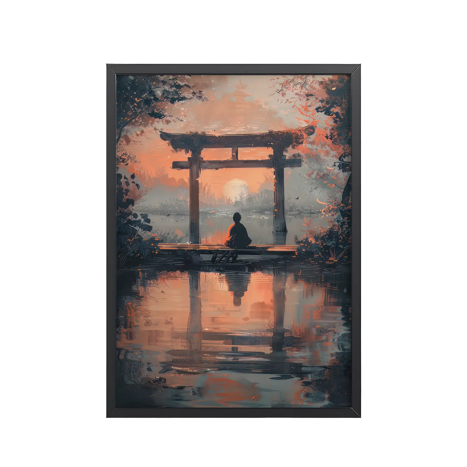 108Black_Frame_DINA4_Mockup_PSD_TransparentJapandi_Wall_Art_4x5_24x30_300PPI (6) Torii Reflections at Dusk – Evening Glow and Still Waters Wall Decor – Framed Poster
