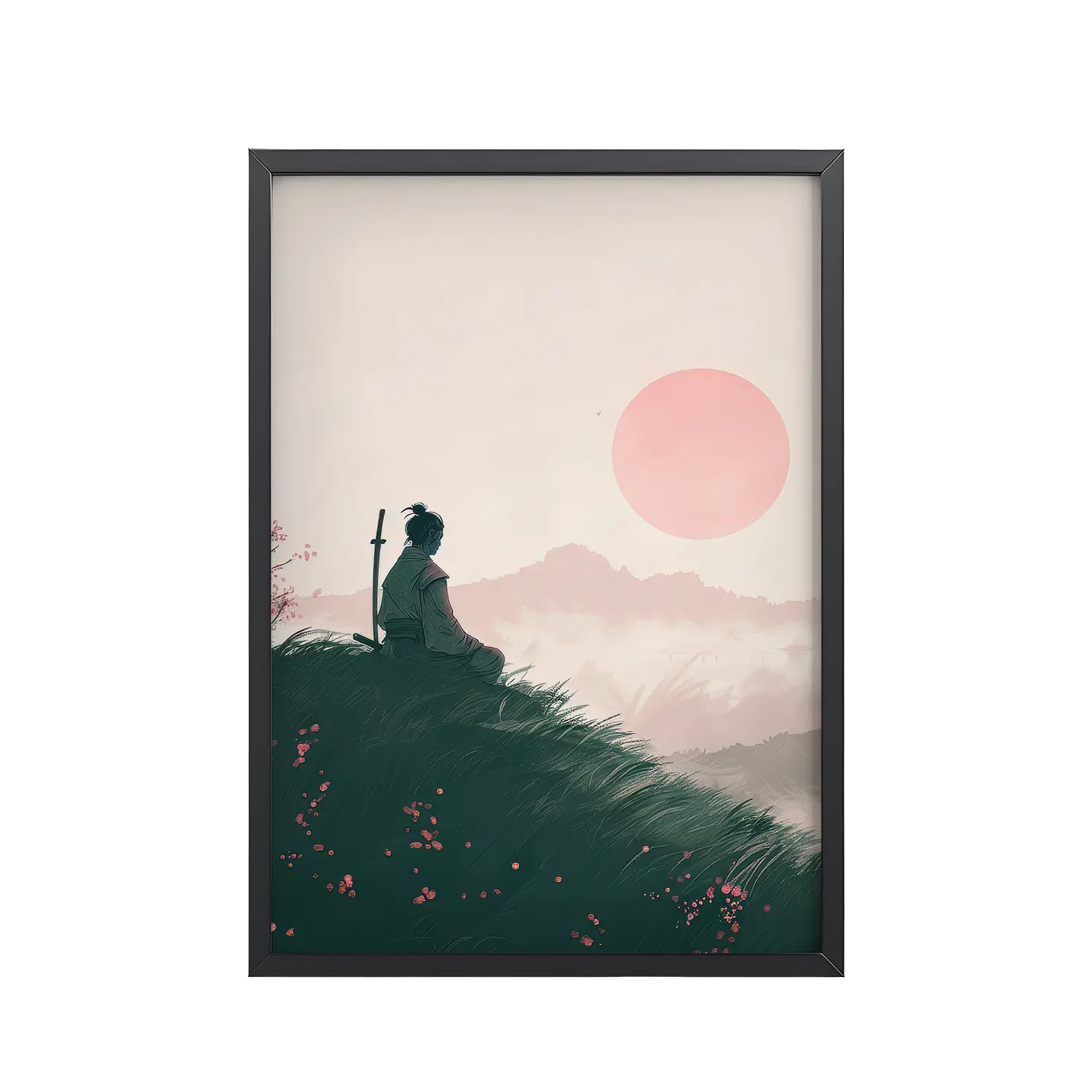 109Black_Frame_DINA4_Mockup_PSD_TransparentJapandi_Wall_Art_4x5_24x30_300PPI (7) Samurai at Dawn – Pink Sun Over Hills Quiet Strength at Daybreak Wall Decor – Framed Poster