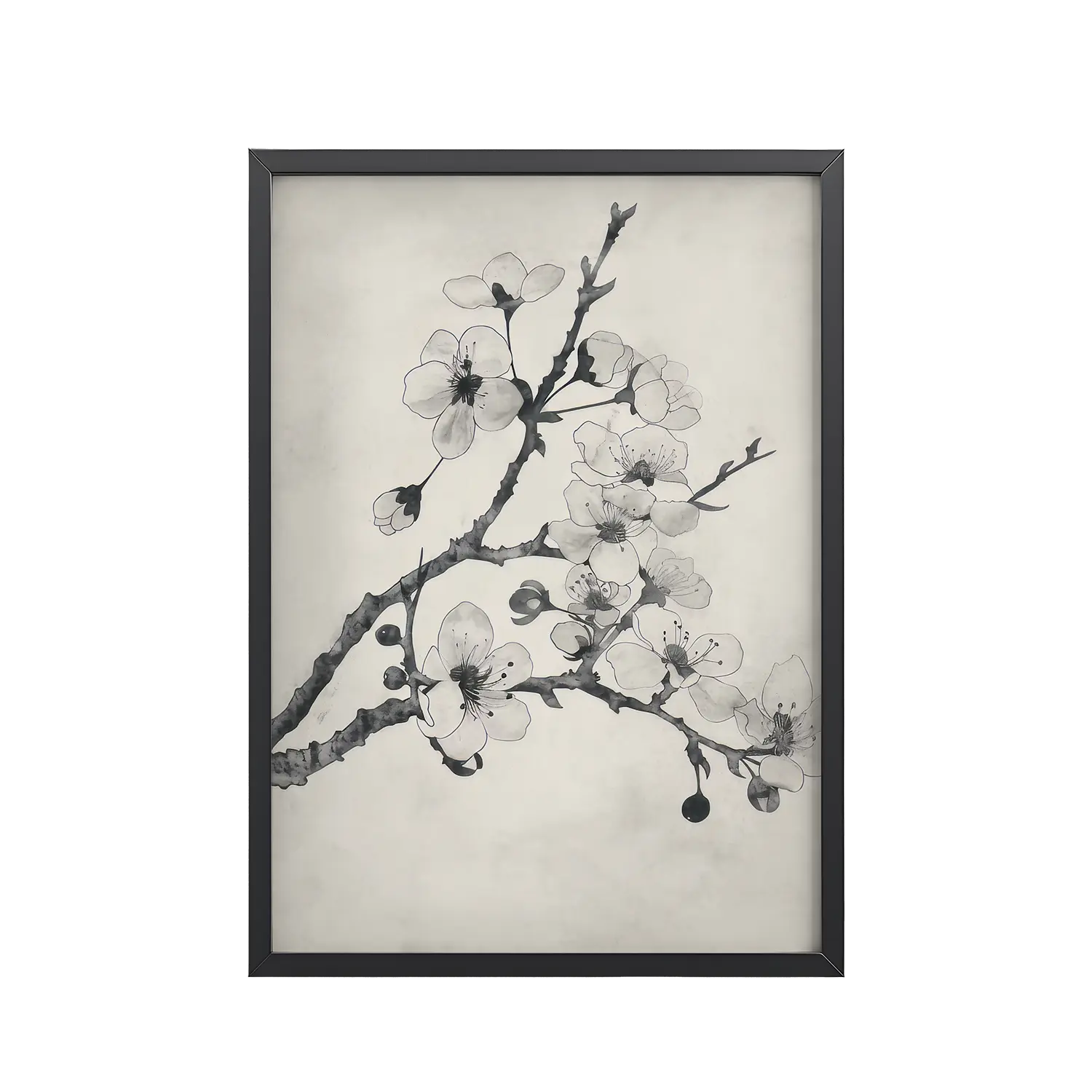 Ink-Wash Cherry Blossoms — Sumi-e Floral Ink Wall Art — Framed Poster