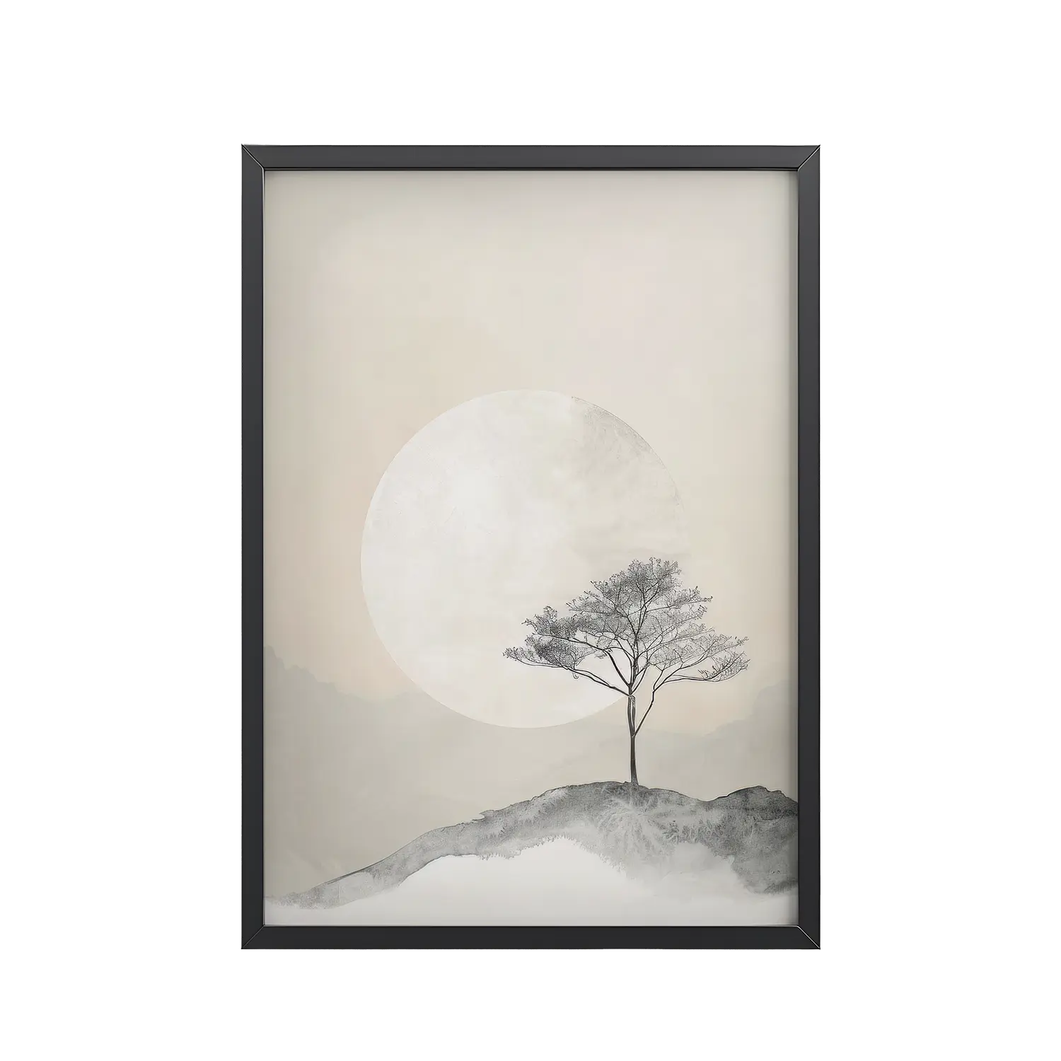 Moonlit Lone Tree — Japandi Minimal Wall Art — Framed Poster