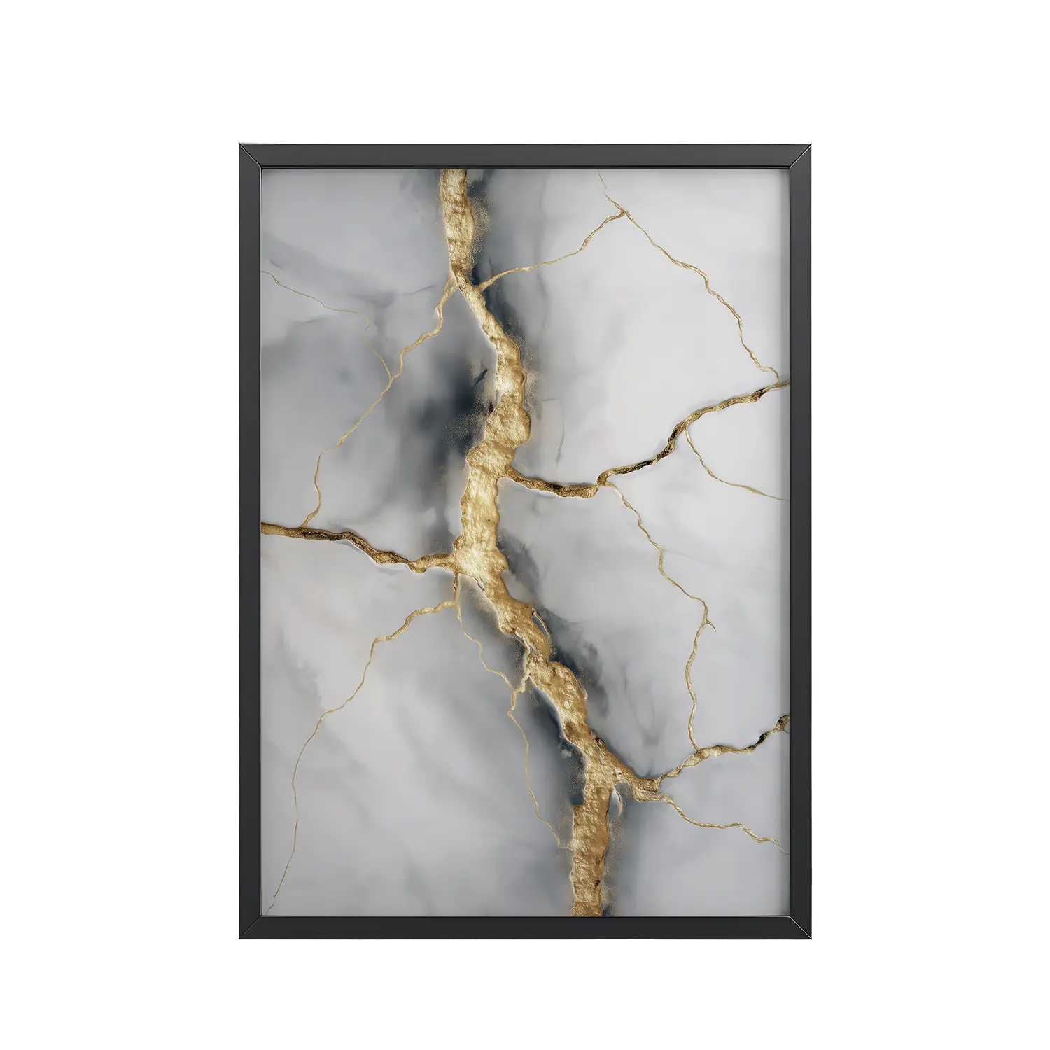 114Black_Frame_DINA4_Mockup_PSD_TransparentKintsugi Cracks I Kintsugi Cracks I — Marble Abstract with Gold Veining Wall Art — Framed Poster