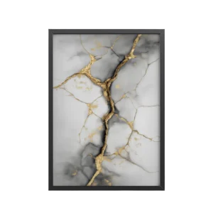 Kintsugi Cracks II — Minimal Marble Abstract with Gold Cracks Wall Art — Framed Poster
