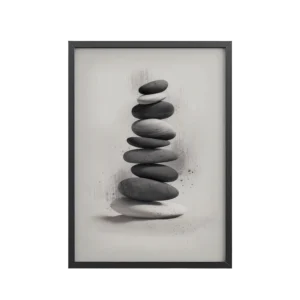 Balanced Stillness – Stacked Stones II Modern Monochrome Zen Wall Art – Framed Poster