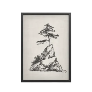 Lone Pine Rock — Sumi-e Mountain Landscape Wall Art — Framed Poster
