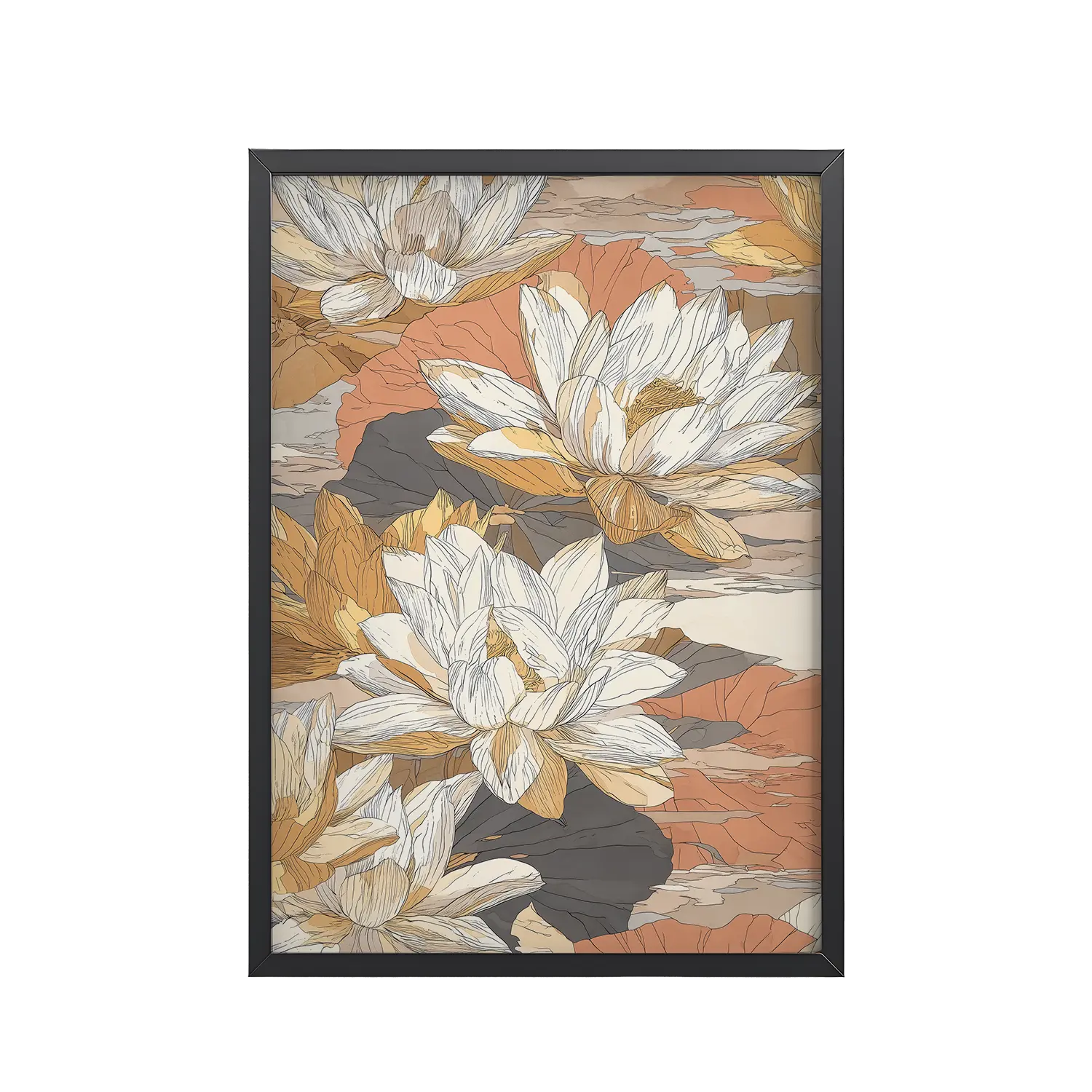 128Black_Frame_DINA4_Mockup_PSD_TransparentLotus Blossom Pattern Lotus Blossom Pattern — Warm Terracotta Floral Wall Art — Framed Poster