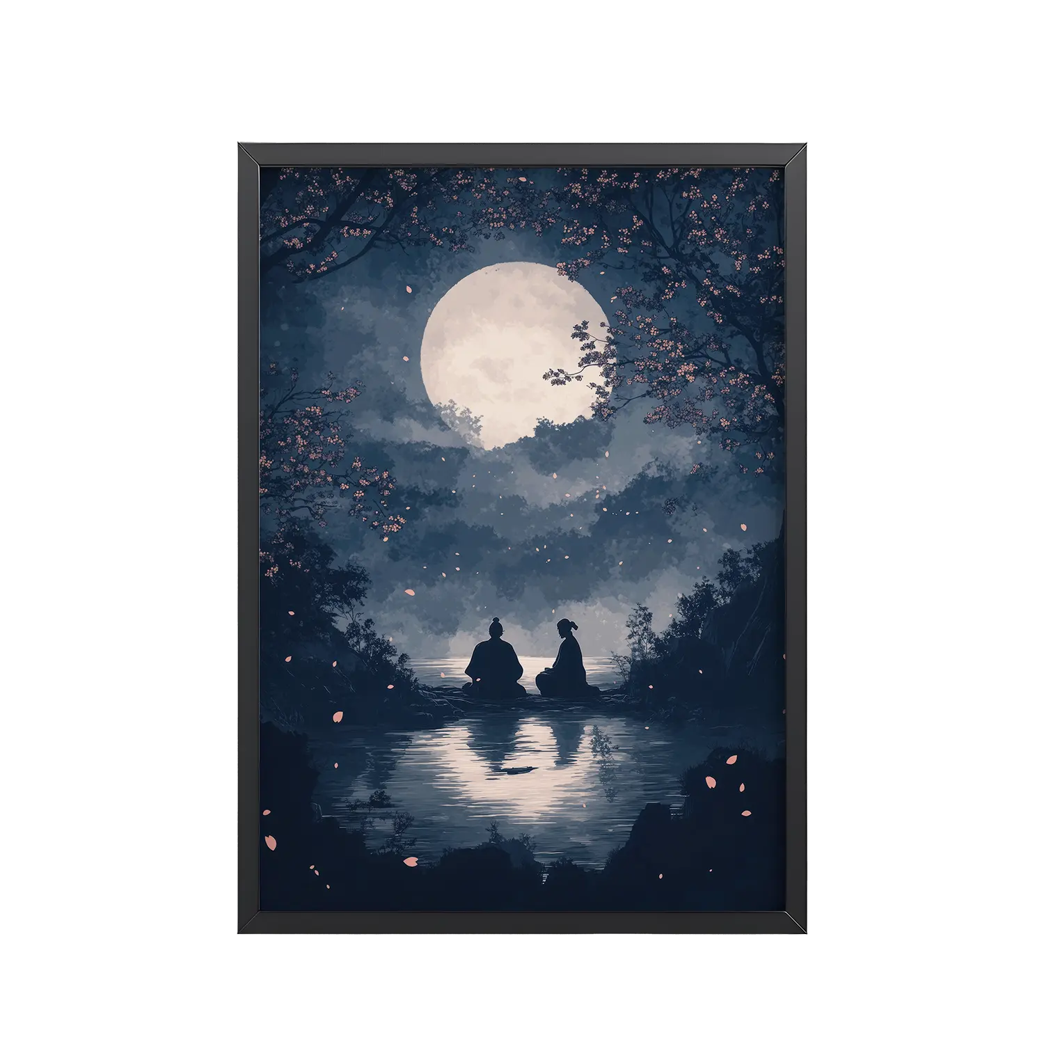 131Black_Frame_DINA4_Mockup_PSD_TransparentMidnight Reflections Midnight Reflections — Moonlit Lake Sakura Wall Art — Framed Poster