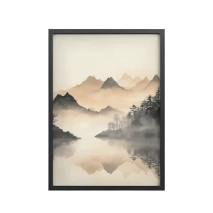 Misty Mountain Reflection — Japandi Lake Landscape Wall Decor — Framed Poster