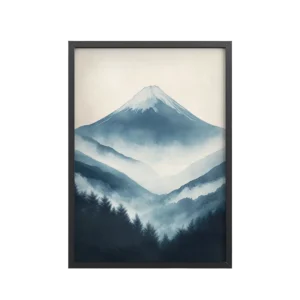 Misty Peaks — Indigo Japandi Mountain Wall Art — Framed Poster