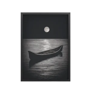 Moonlit Canoe II — Minimal Silver Moon Night Wall Art — Framed Poster