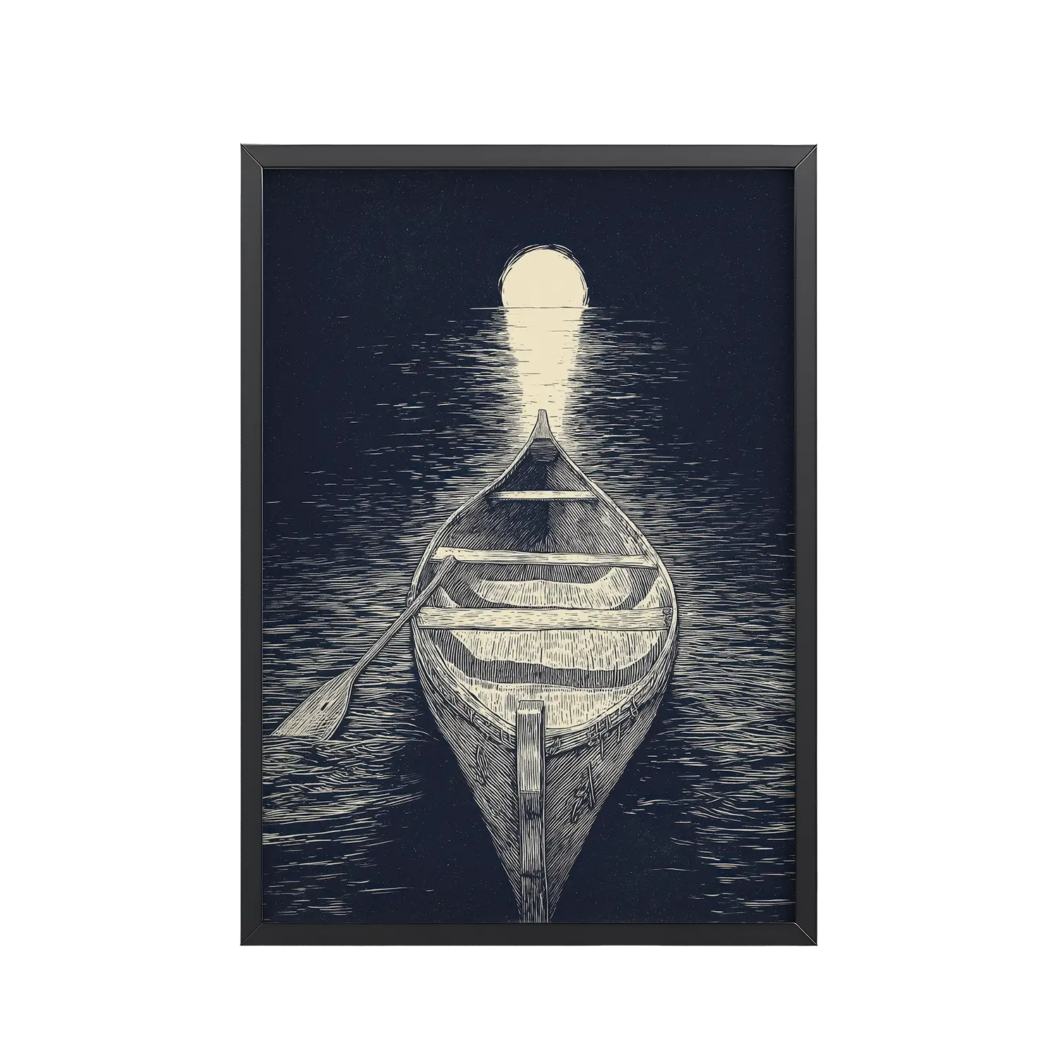 142Black_Frame_DINA4_Mockup_PSD_TransparentMoonlit Canoe Moonlit Canoe — Woodcut Night Lake Wall Art — Framed Poster