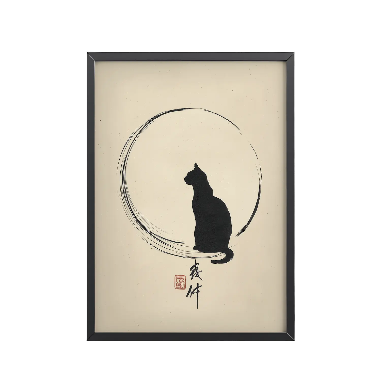 143Black_Frame_DINA4_Mockup_PSD_TransparentMoonlit Cat Moonlit Cat — Minimal Cat with Enso Circle in Black Ink Wall Art — Framed Poster