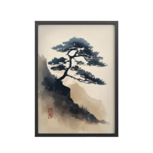 Mountain Pine in Soft Ink — Sumi-e Japanese Landscape Wall Decor — Framed Poster