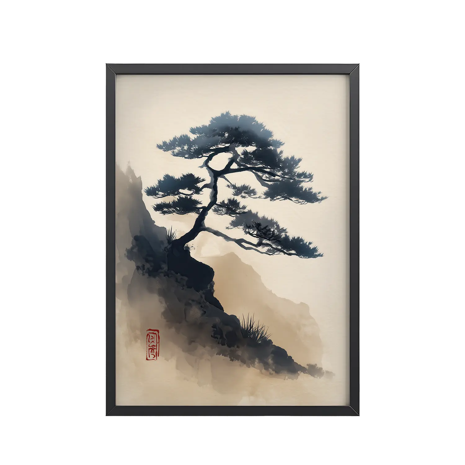 149Black_Frame_DINA4_Mockup_PSD_TransparentMountain Pine in Soft Ink Mountain Pine in Soft Ink — Sumi-e Japanese Landscape Wall Decor — Framed Poster