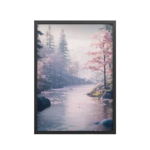 Nordic River Flow — Cherry Blossom Landscape Wall Decor — Framed Poster