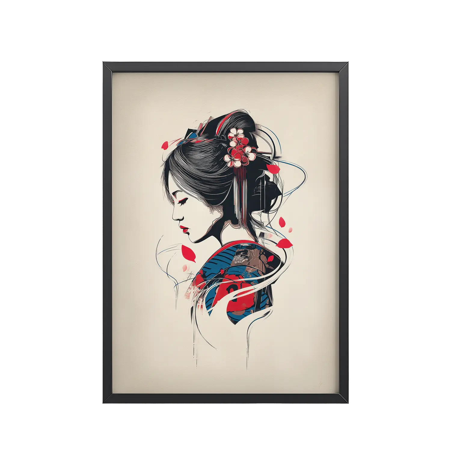 160Black_Frame_DINA4_Mockup_PSD_TransparentPetals of Serenity – Geisha III Petals of Silence — Ukiyo-e Inspired Geisha Illustration Wall Art — Framed Poster