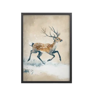 Running Deer in Winter Snow — Modern Wildlife Wall Art — Framed Poster