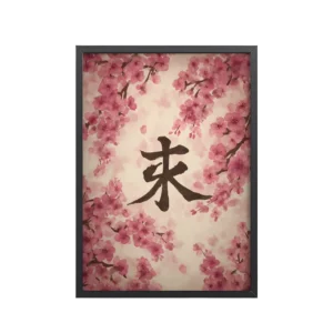 Sakura Spirit — Cherry Blossom Kanji, Wabi-Sabi Wall Decor — Framed Poster