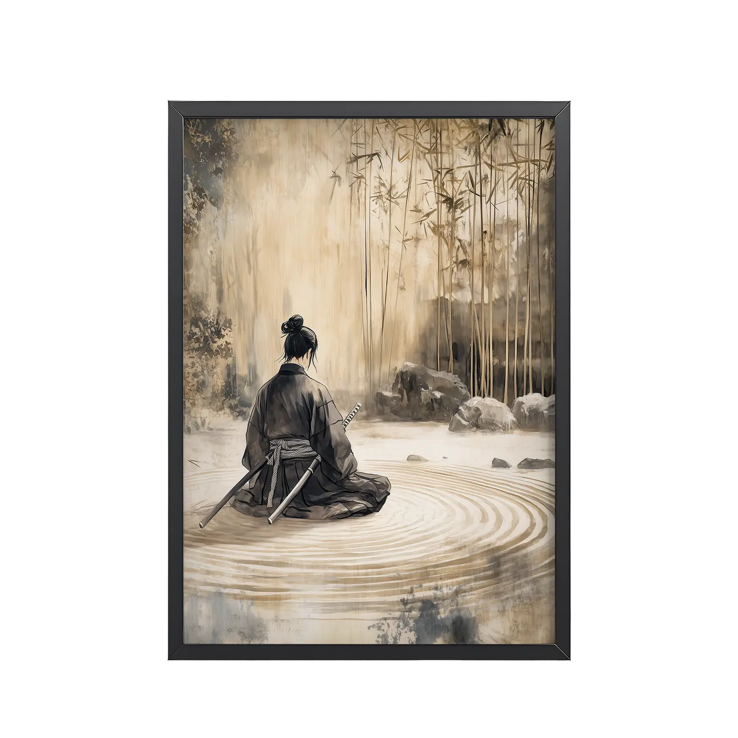 Samurai Meditation – Zen Garden Ripples and Bamboo Hush Wall Art – Framed Poster