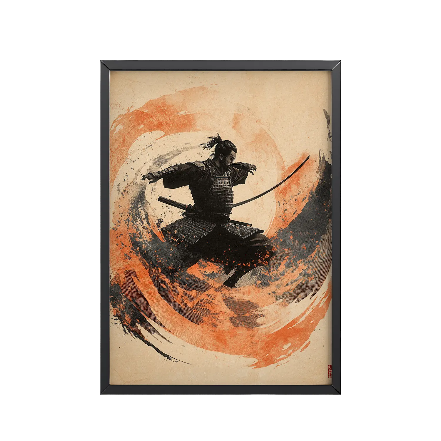 174Black_Frame_DINA4_Mockup_PSD_TransparentSamurai Swirl Samurai Swirl – Brush-Stroke Motion and Warrior Focus Wall Decor – Framed Poster