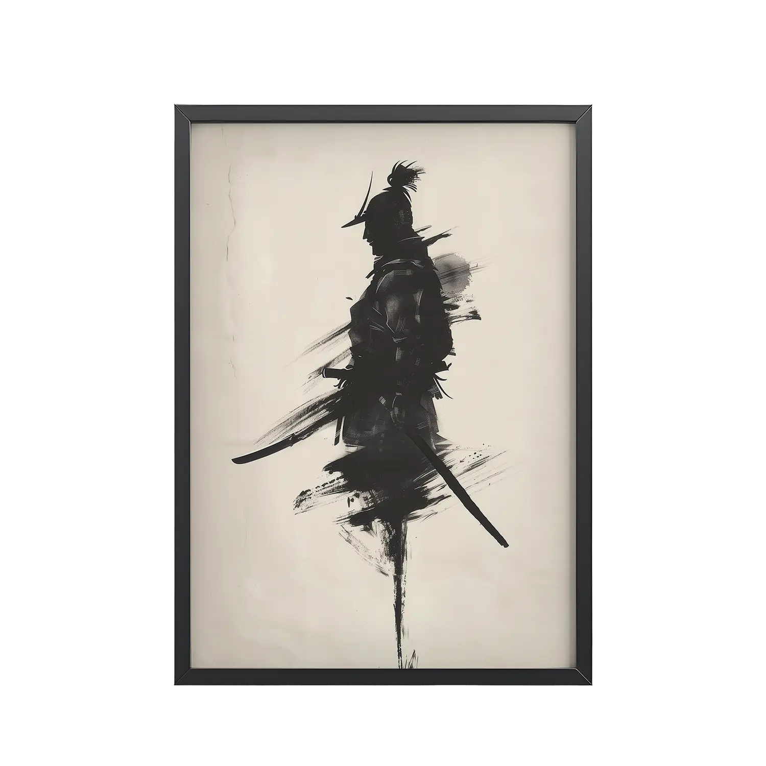 181Black_Frame_DINA4_Mockup_PSD_TransparentShadowed Warrior Shadowed Warrior – Sumi-e Silhouette of a Lone Samurai Wall Decor – Framed Poster