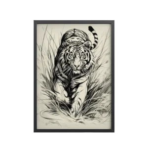 Tiger in Brush — Monochrome Ink Bengal Tiger Wall Art — Framed Poster