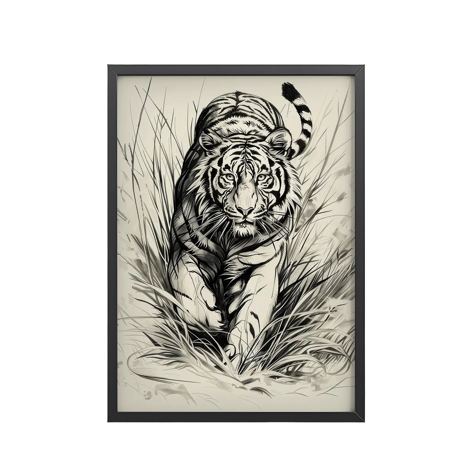 201Black_Frame_DINA4_Mockup_PSD_TransparentTiger in Brush Tiger in Brush — Monochrome Ink Bengal Tiger Wall Art — Framed Poster