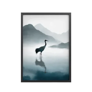 Tranquil Crane by the Misty Lake — Bird Silhouette with Misty Mountains Wall Decor — Framed Poster