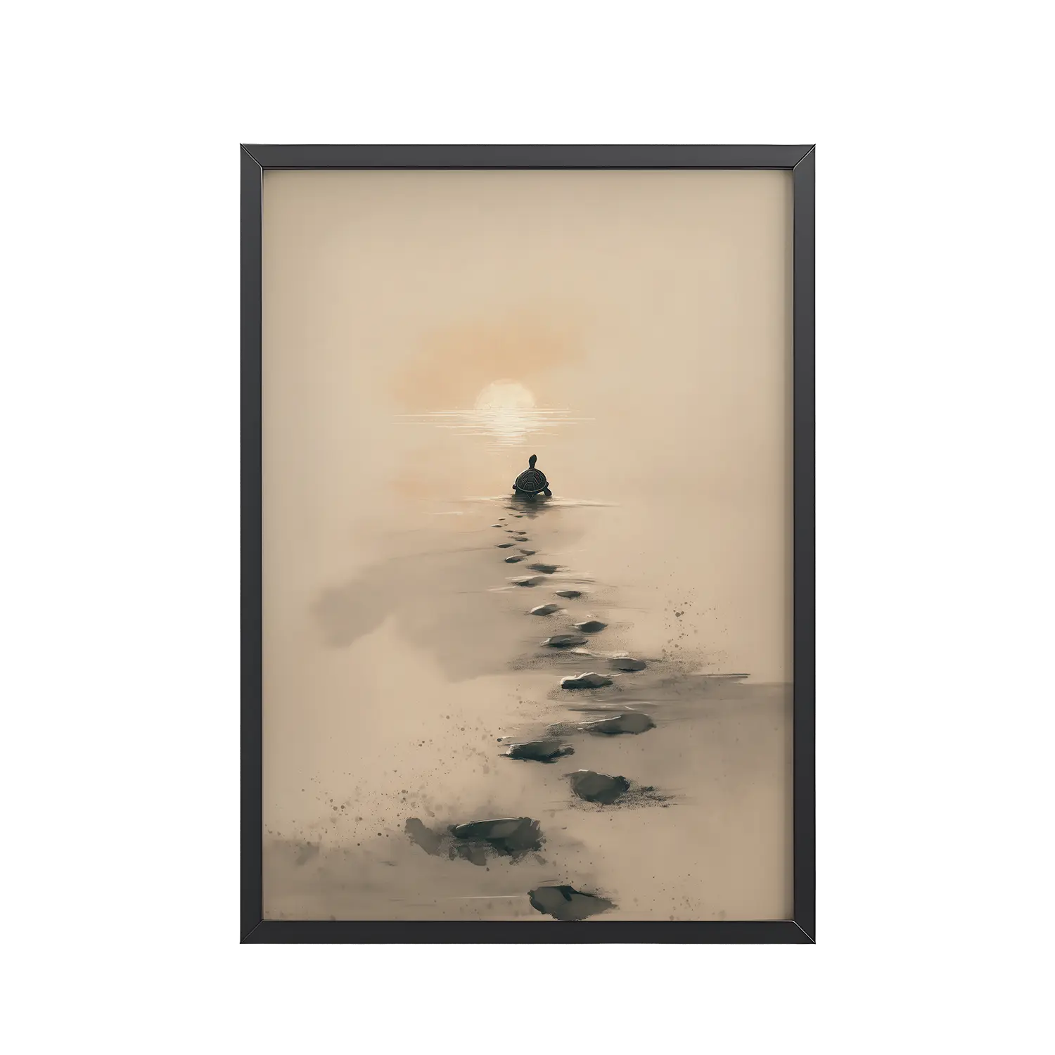 212Black_Frame_DINA4_Mockup_PSD_TransparentTurtle Sunset Path Turtle Sunset Path — Minimalist Japandi Turtle with Footprints Beach Sunset Wall Decor — Framed Poster