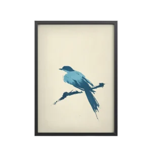 Bluebird Perch — Minimal Brush Bird on Branch Wall Decor — Framed Poster