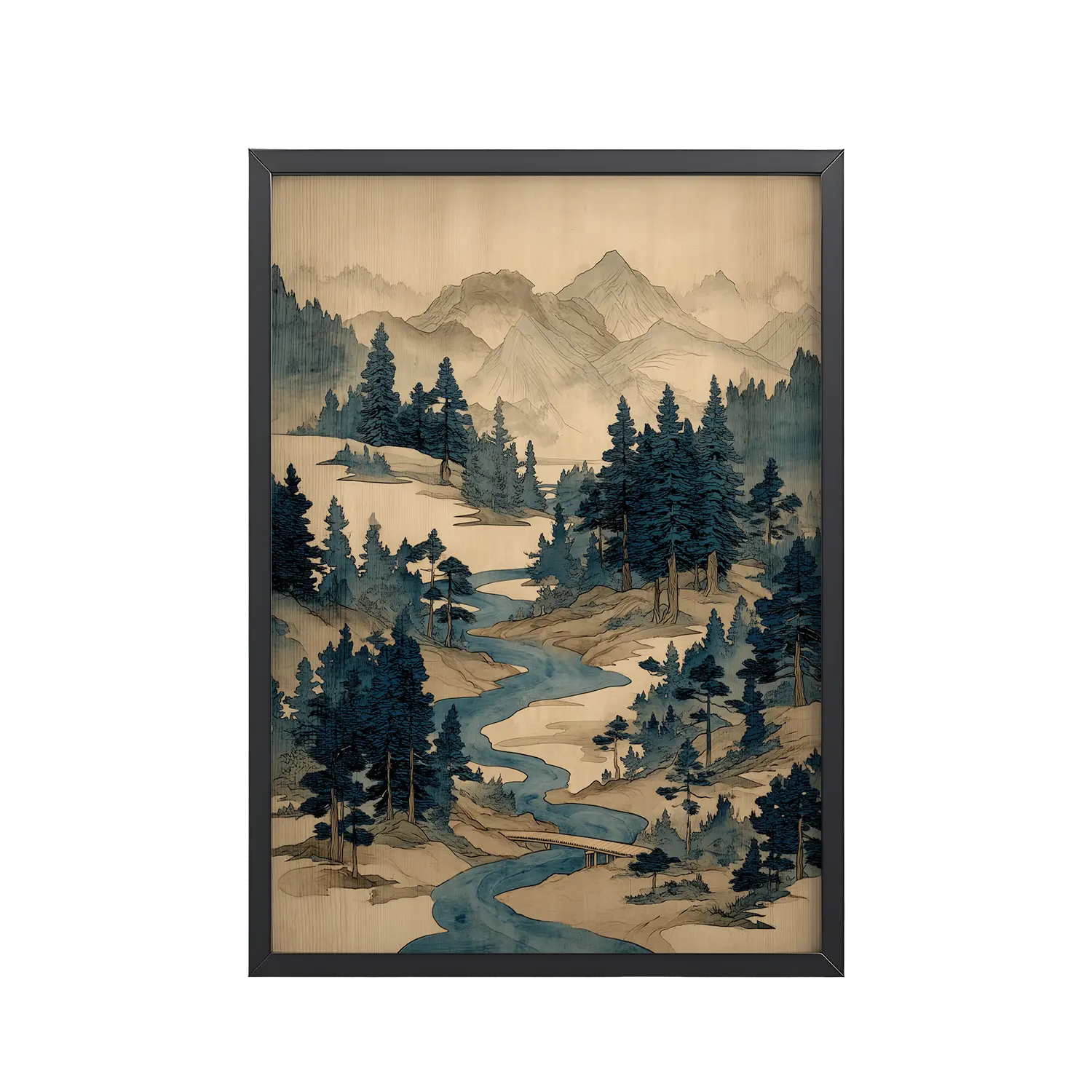 236Black_Frame_DINA4_Mockup_PSD_TransparentWinding River Pines Winding River Pines – Ukiyo-e Mountain Stream Landscape Wall Art – Framed Poster