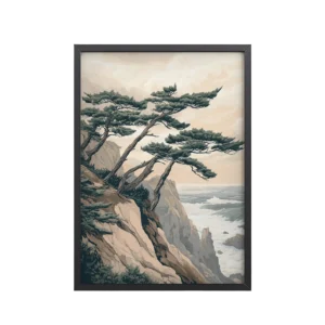 Windswept Pines by the Coast — Japanese Coastal Landscape Wall Decor — Framed Poster