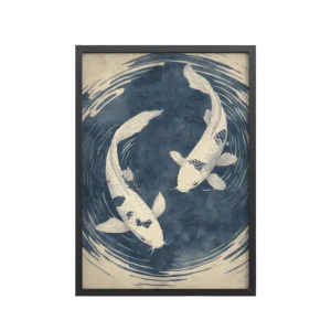 Yin-Yang Koi Balance — Indigo Japanese Koi Art — Framed Poster
