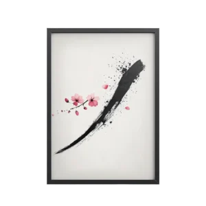 Zen Blossom Stroke — Minimal Cherry Blossom Sumi-e Brush Wall Art — Framed Poster