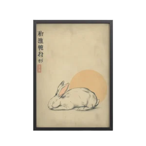 Zen Rabbit — Minimalist Rabbit with Rising Sun Wall Decor — Framed Poster
