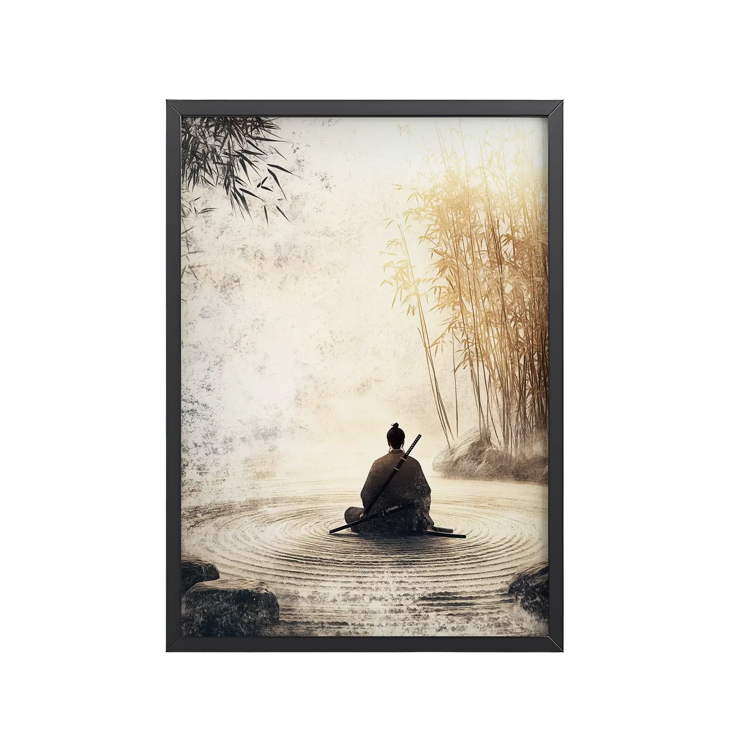 256Black_Frame_DINA4_Mockup_PSD_TransparentZen Samurai in Bamboo Light Zen Samurai in Bamboo Light – Neutral Sumi-e Ink Samurai Meditation Wall Art – Framed Poster