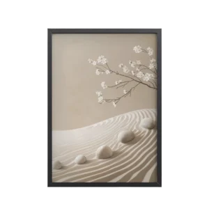 Zen Sand Garden – Cherry Blossom Branch with Raked Lines Wall Art – Framed Poster