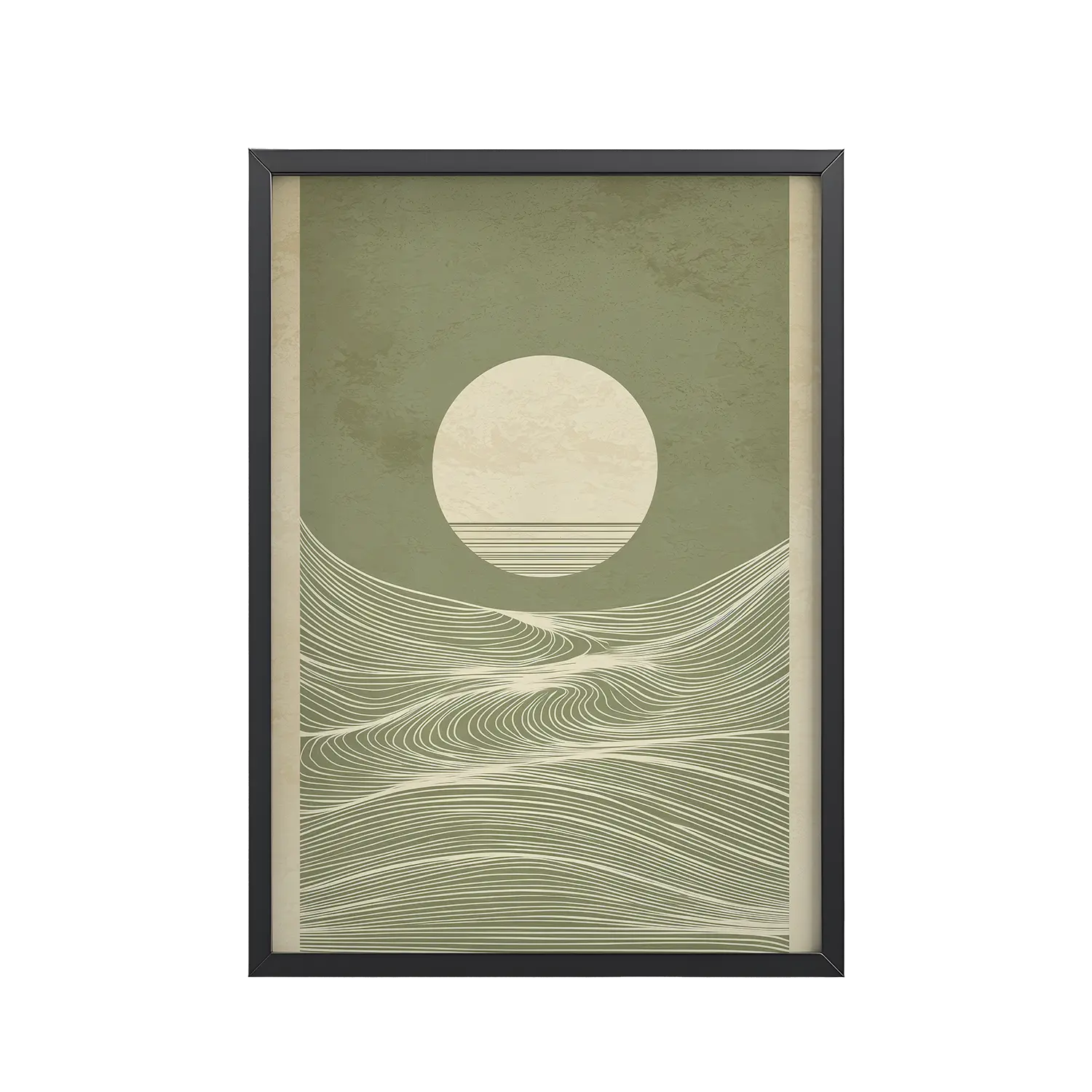 28Black_Frame_DINA4_Mockup_PSD_TransparentCalm Currents and Rising Light Calm Currents and Rising Light — Minimalist Sun With Landscape Lines Wall Art — Framed Poster