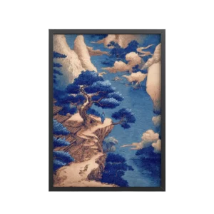 Cliffside Temple View – Blue Ukiyo-e Landscape Wall Art – Framed Poster