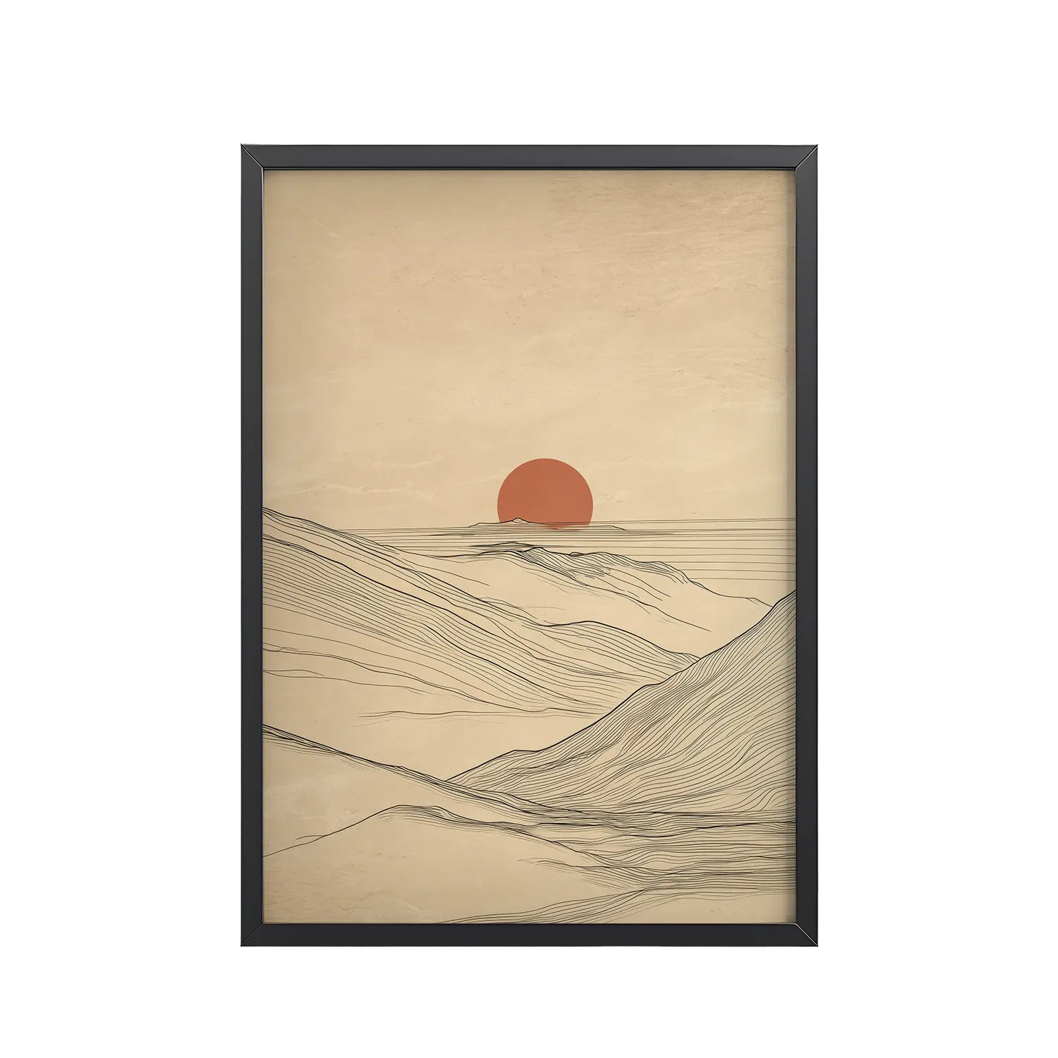 54Black_Frame_DINA4_Mockup_PSD_TransparentDesert Horizon – Sun Over Dune Lines Desert Horizon — Japandi Desert Line Landscape Wall Art — Framed Poster