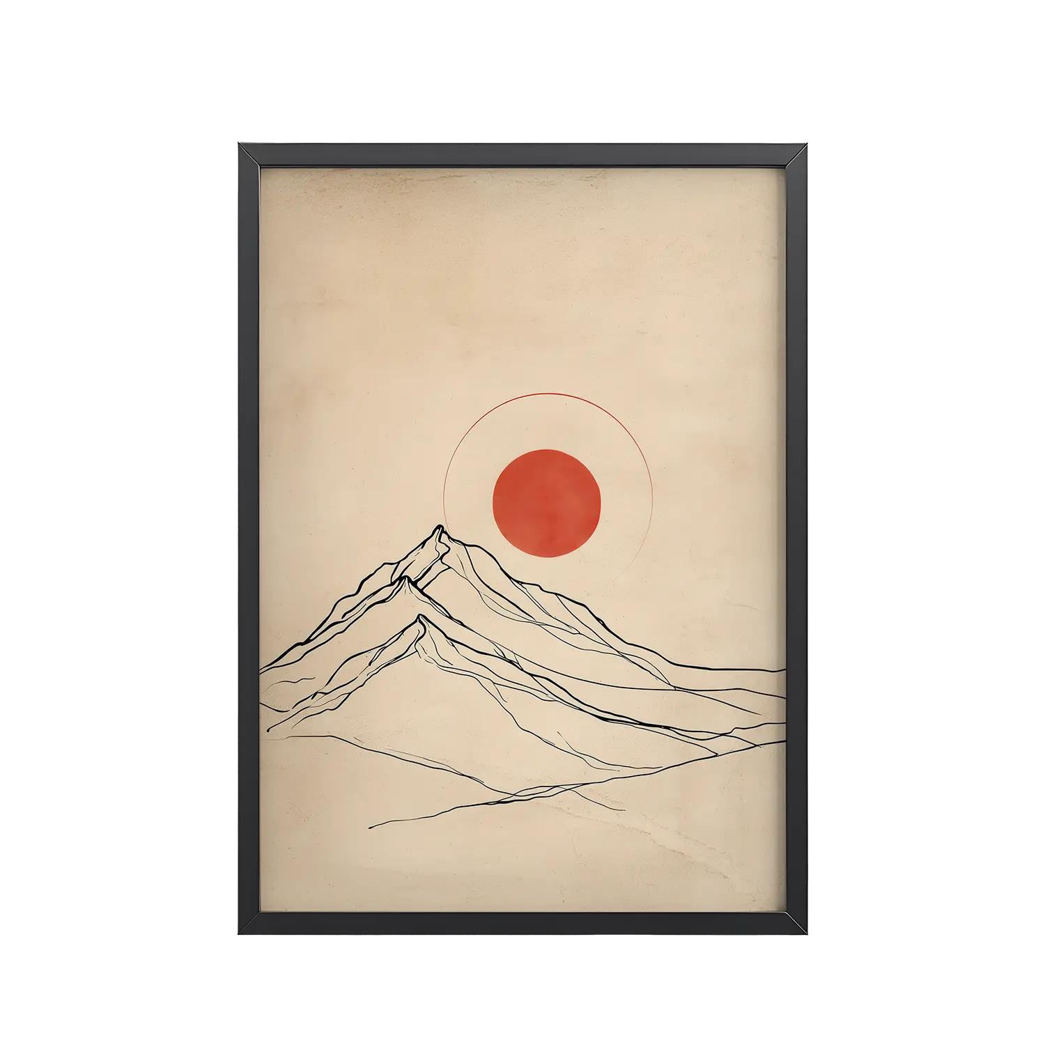 57Black_Frame_DINA4_Mockup_PSD_TransparentEternal Sun – Mountain Contour and Rising Circle Eternal Sun — Minimal Mountain and Red Sun Wall Art — Framed Poster