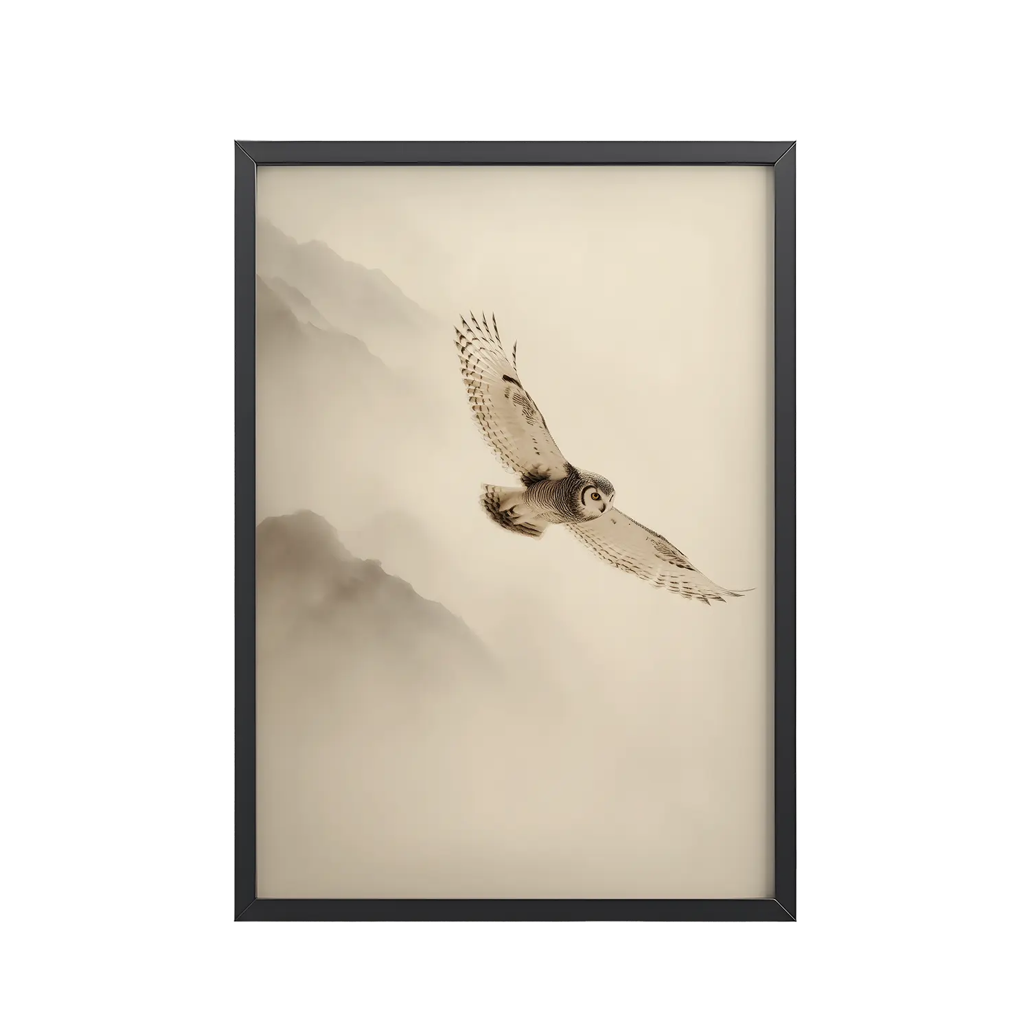 65Black_Frame_DINA4_Mockup_PSD_TransparentFlight Through Mist – Owl in Motion Flight Through Mist — Owl in Motion Wildlife Wall Art — Framed Poster