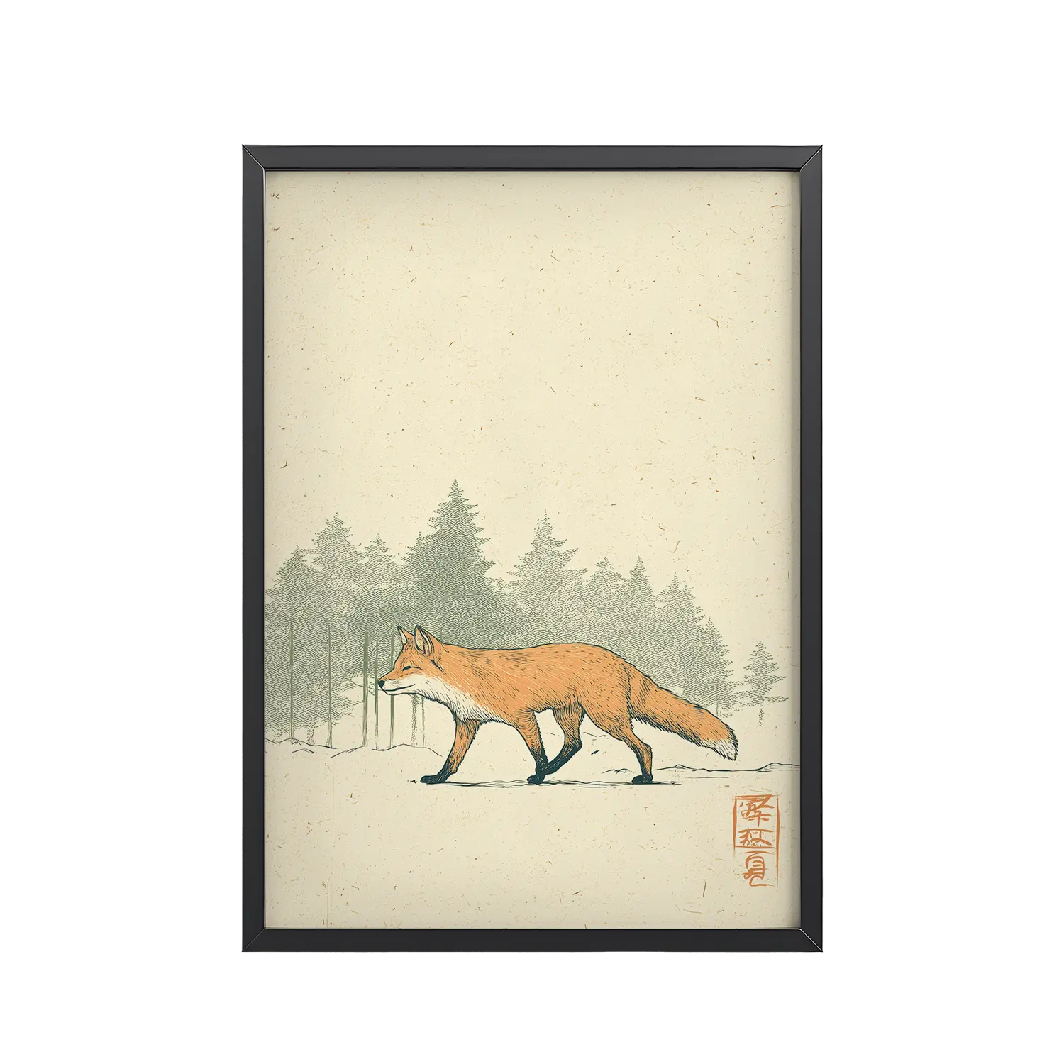 73Black_Frame_DINA4_Mockup_PSD_TransparentFox in Pines Fox in Pines — Red Fox Illustration on Textured Paper Wall Decor — Framed Poster