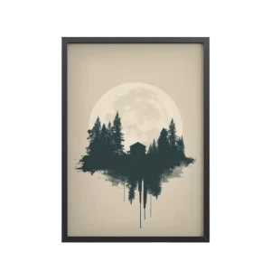 Full Moon Shelter — Minimalistic Forest House Wall Decor — Framed Poster