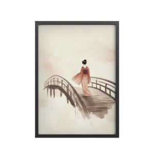 Geisha Bridge — Watercolor Japanese Bridge Wall Art — Framed Poster