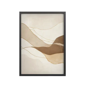 Golden Dunes — Wavy Neutral Abstract Waves with Fine Gold Lines Wall Decor — Framed Poster