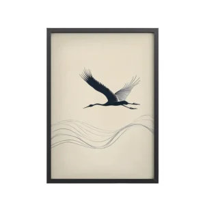 Graceful Ascent — Minimal Crane Silhouette with Flowing Lines Wall Decor — Framed Poster
